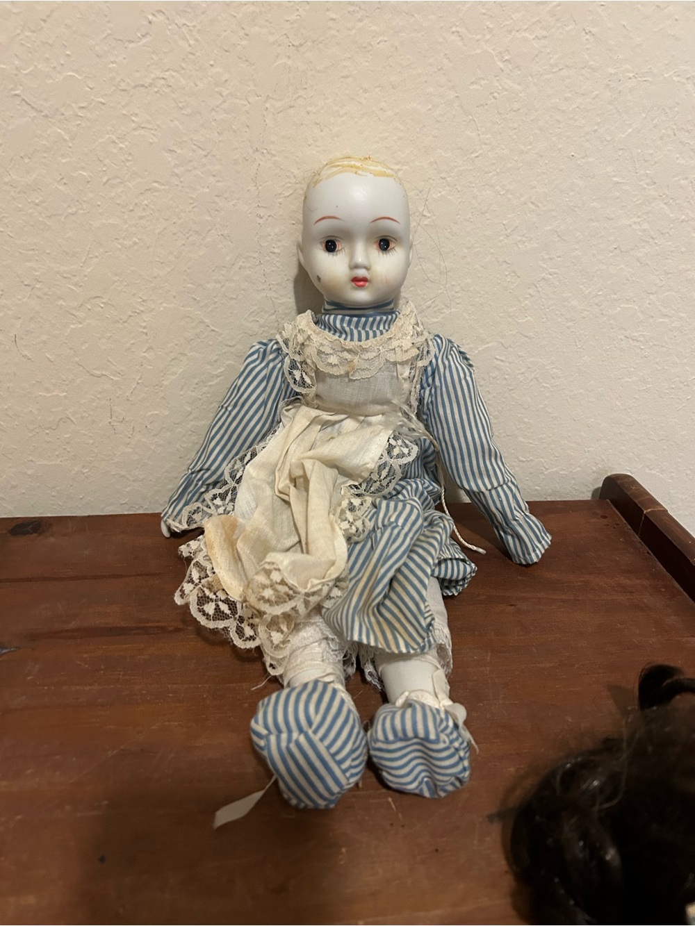 Creepy Porcelain Girl Doll Light Complexion Brown Eyes Black Curly Hair Outfit